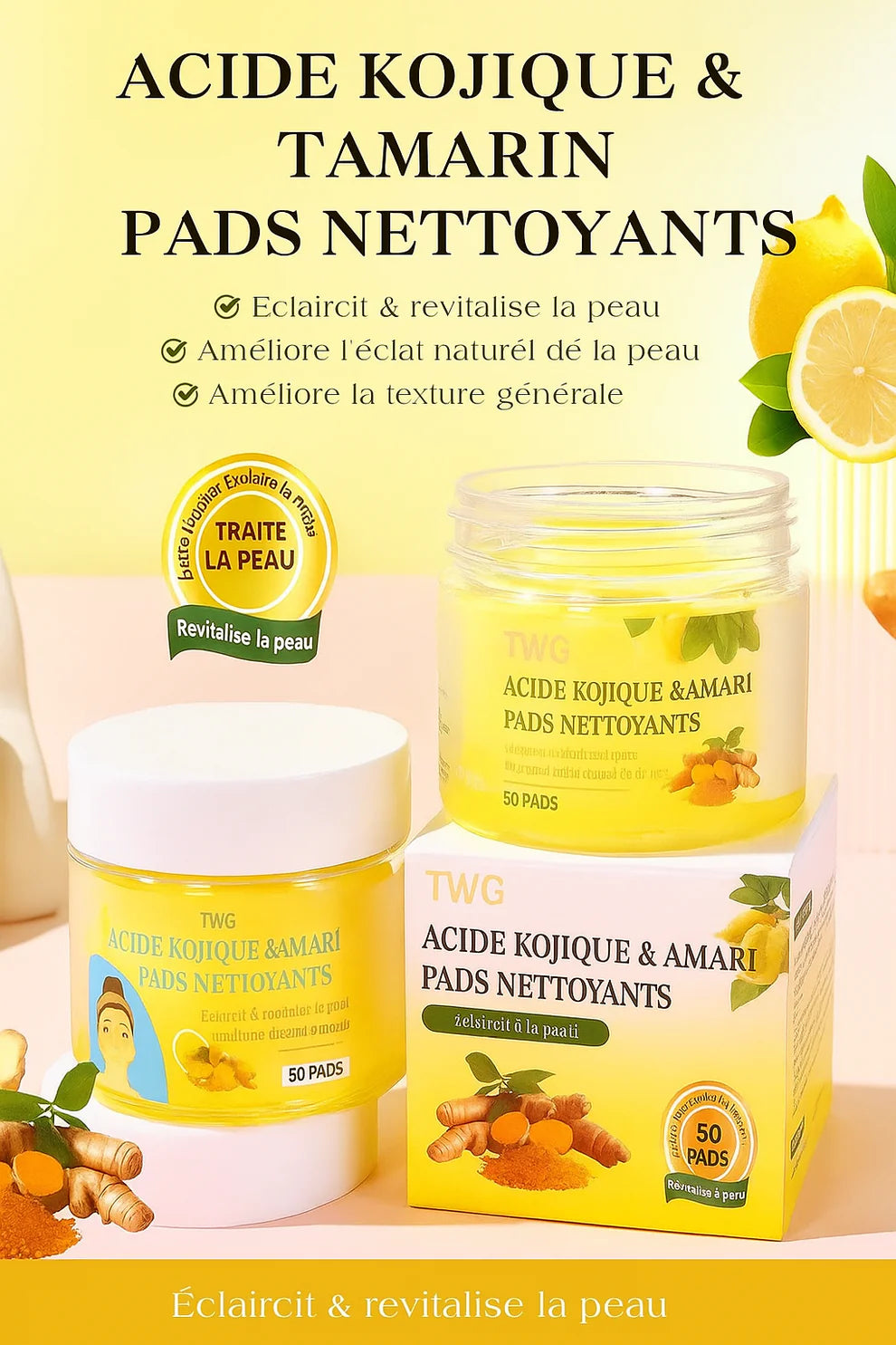 Cotons curcuma et acide Kojic pour traiter taches noires et hyper pigmentation